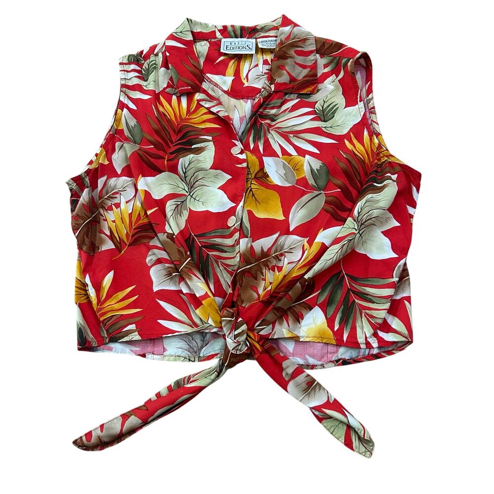 Y2K Tropical Hawaiian Tie Front Rayon Sleeveless Button Up Camp Shirt L -